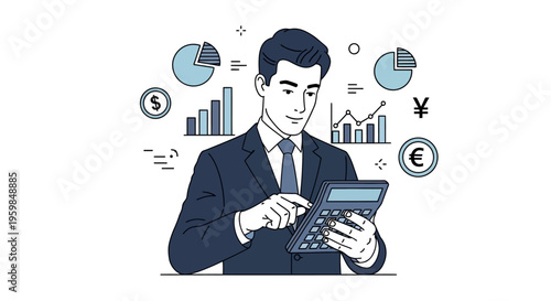 Man using calculator with financial charts and currency symbols