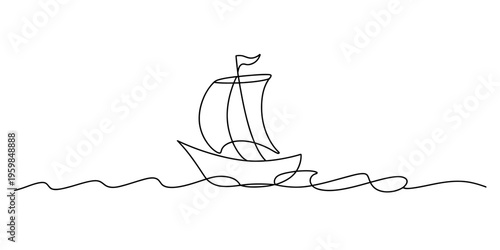 A minimalist single line drawing of a simple sailboat traveling across a calm and peaceful ocean Vector, illustration