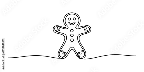 A single continuous line drawing of a cute smiling gingerbread man on a plain white background Vector, illustration