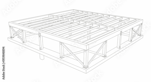 Isometric Outline Drawing of a Wooden Floor Joist Structure on Isolated White Background