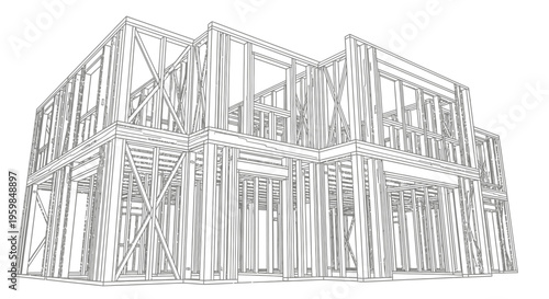 Outline Drawing of a House Frame Under Construction on Isolated White Background