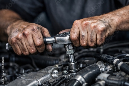 Wallpaper Mural Dirty mechanic hands working on car engine with socket wrench tool. Ai generative Torontodigital.ca