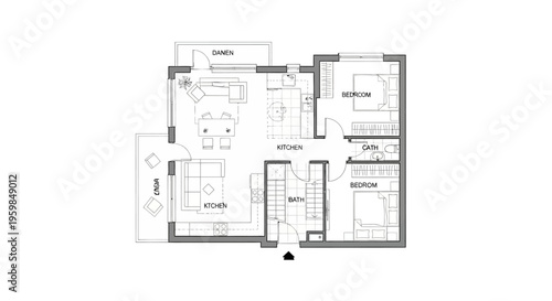 Modern residential apartment floor plan design on white background.