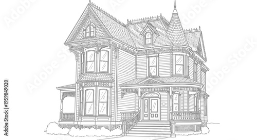Ornate Victorian House Exterior Drawing with Detailed Architecture on Isolated White Background