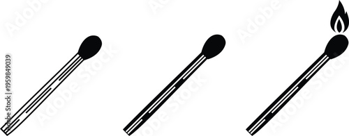 Matchstick icons set burning match stick flame symbols and matchbox for ignition, fire starter tool vector silhouettes and outline illustration for safety and camping collection group