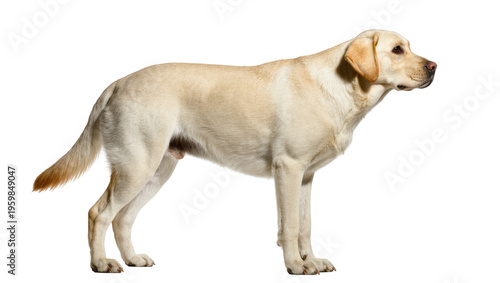 Majestic cream Labrador Retriever dog stands gracefully, captured in a detailed side profile studio portrait