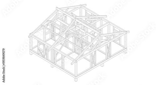Isometric Wooden House Frame Construction Outline Drawing on Isolated White Background