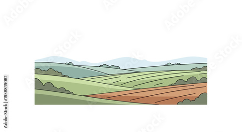 Colorful agricultural landscape with rolling green hills and farm fields