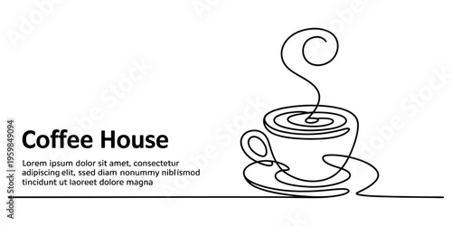 Minimalist one line drawing of a steaming coffee cup with placeholder text for a coffee house Vector, illustration