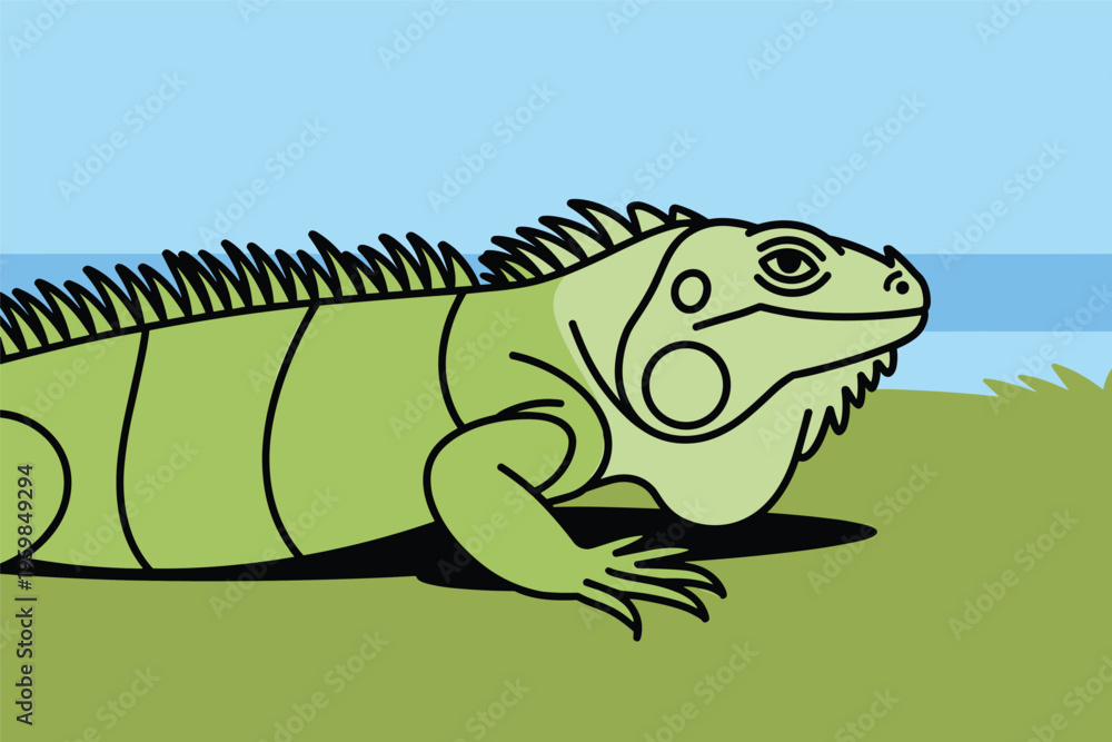 Obraz premium Green Iguana on Grass Illustration, reptile wildlife concept