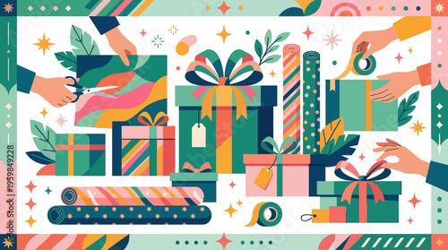 Wrapping Gifts and Christmas Presents Scene