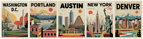 Vibrant cityscape posters feature iconic landmarks. Each city has distinct skyline and cultural symbols. Washington, Portland, Austin, New York, and Denver all appear. Artistic style evokes nostalgia