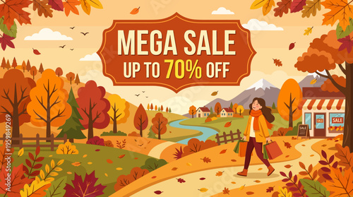 Autumn Mega Sale Banner with Woman Shopping
