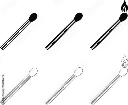 Matchstick icons set burning match stick flame symbols and matchbox for ignition, fire starter tool vector silhouettes and outline illustration for safety and camping collection group