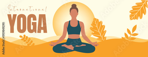 International yoga day banner with woman meditating in lotus pose silhouette illustration, spiritual practice and wellness Yoga Meditation banner for social media cover, website header design