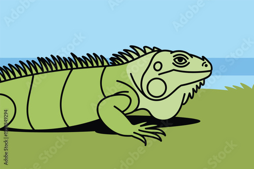 Green Iguana on Grass Illustration, reptile wildlife concept