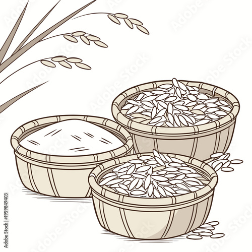Three baskets filled with rice and seeds, with plants