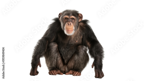 Canvas Print Intelligent adult chimpanzee sitting in a crouched position, looking directly at