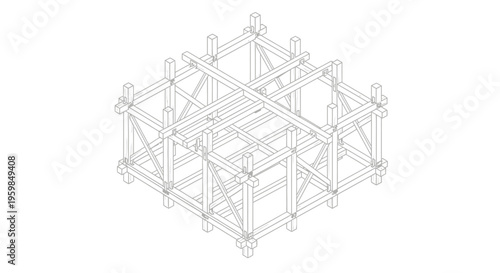 Three Dimensional Wooden Architectural Framework Structure Drawing on Isolated White Background