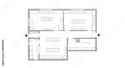 Architectural floor plan of a modern retail space with exit signs.