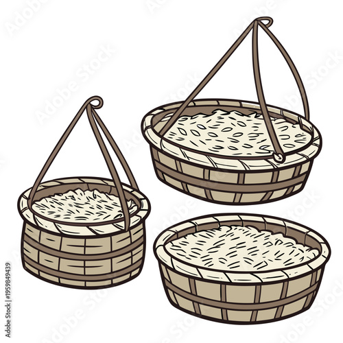 Three Woven Baskets with Rice and Handles grains food
