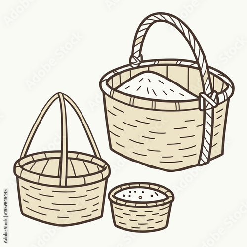 Three Empty and One Full Woven Baskets empty baskets