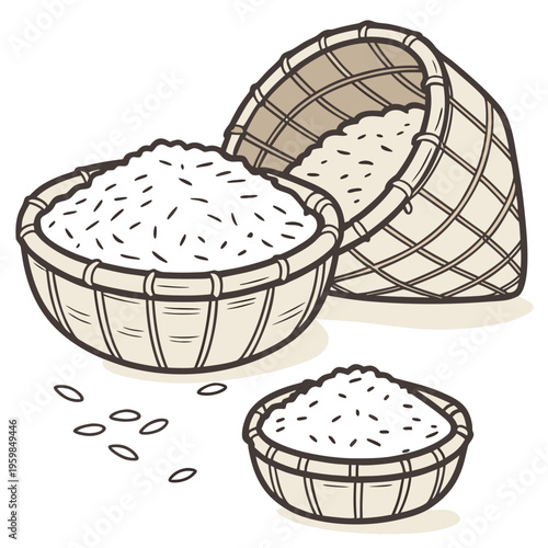 Three baskets filled with rice, one lying down white background