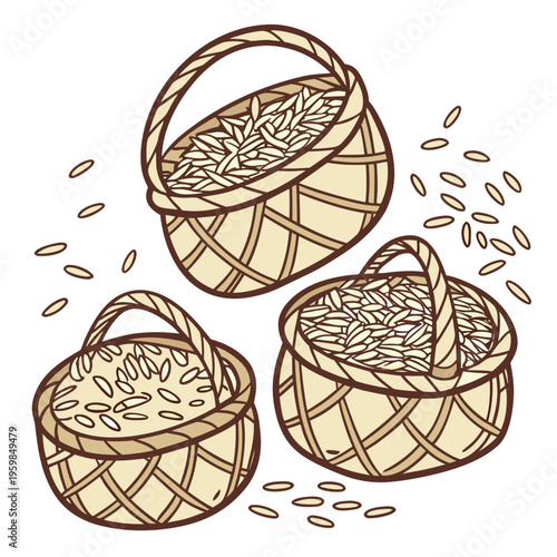 Three Woven Baskets with Rice grains food