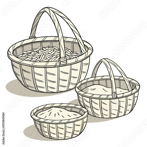 Three wooden baskets wicker baskets containers empty baskets