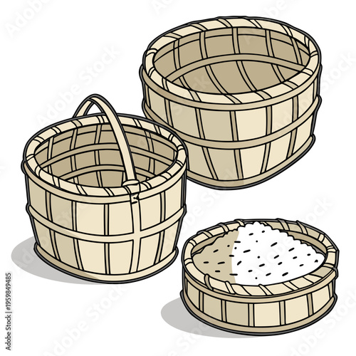 Three wooden baskets wicker baskets empty baskets containers