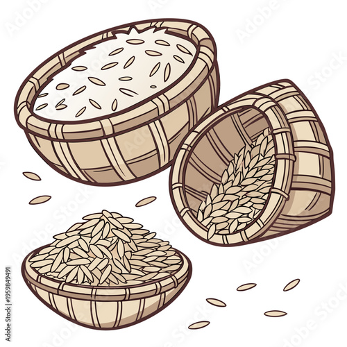 Three wooden baskets with rice and grains wicker baskets