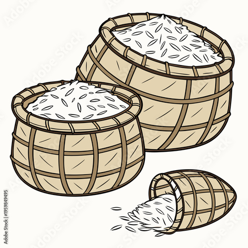 Three wooden baskets with rice wicker baskets food