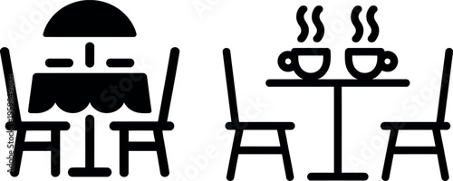 Two contrasting pictograms depicting dining and coffee break scenarios in minimalist style