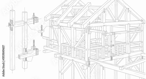 Detailed wooden house under construction showing timber framework and scaffolding, illustrating the building process on isolated white background.