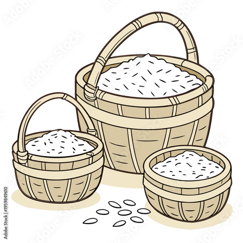 Three wooden baskets filled with rice containers food