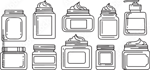 A collection of minimalist black-and-white outline icons representing various cosmetic jars, cream containers, and a pump bottle dispenser for skincare products.