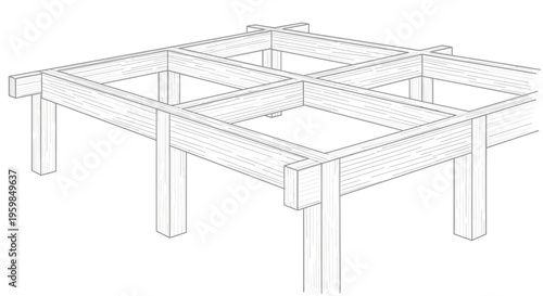 Detailed wooden house foundation framework in construction phase, showcasing timber beams and supports on isolated white background.