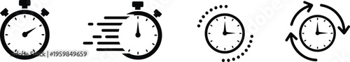 Black stopwatch and clock icon set representing fast delivery, countdown timer, time management, and recurring schedule for business and logistics.