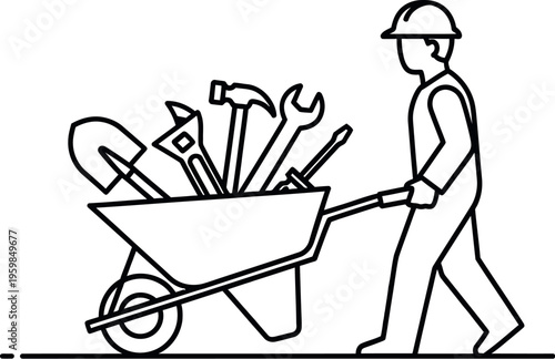 Construction worker in a hard hat pushes a wheelbarrow loaded with various tools, symbolizing hard work, building, and urban development in this black and white line art illustration.