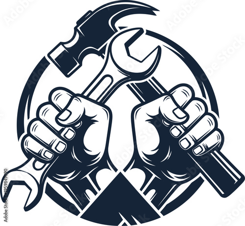 This powerful vintage style emblem showcases two strong hands firmly grasping essential construction and repair tools, a wrench and a hammer, symbolizing skilled craftsmanship and dedicated service.