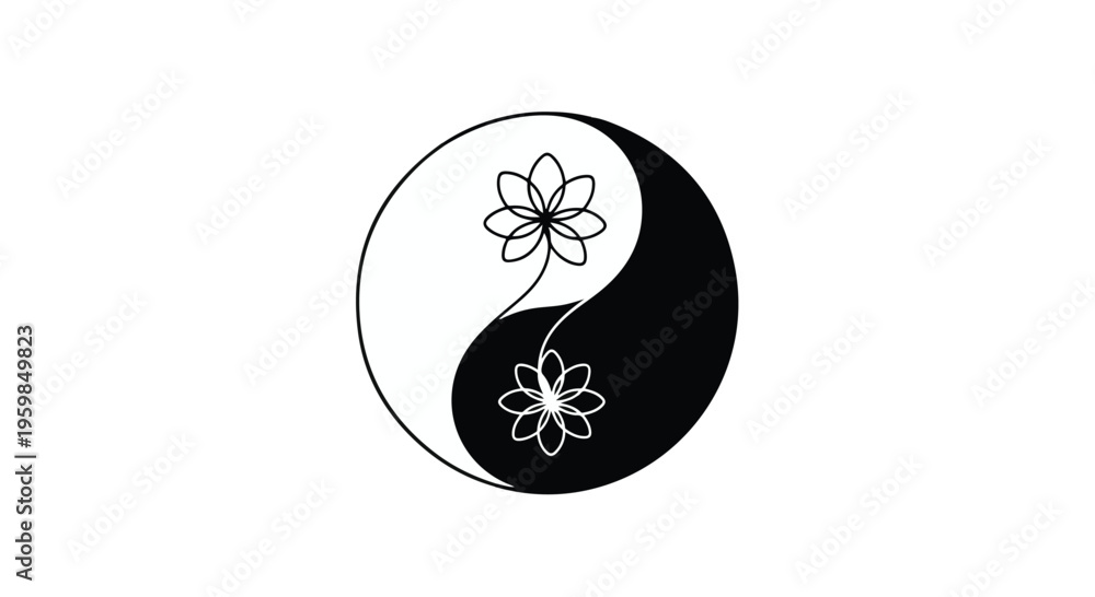 Fototapeta premium Yin and Yang symbol is elegantly intersected by a flowing vine connecting two stylized lotus flowers.