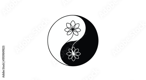 Yin and Yang symbol is elegantly intersected by a flowing vine connecting two stylized lotus flowers.