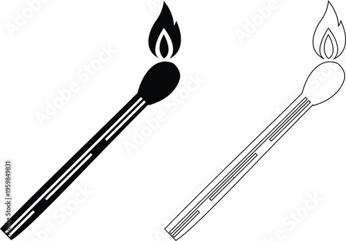 Matchstick icons set burning match stick flame symbols and matchbox for ignition, fire starter tool vector silhouettes and outline illustration for safety and camping collection group