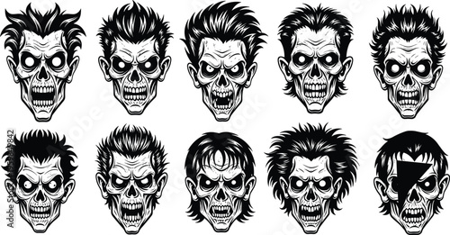 Collection of creepy zombie head silhouettes with scary expressions for Halloween horror design, undead monster mascot, and gothic tattoo art.