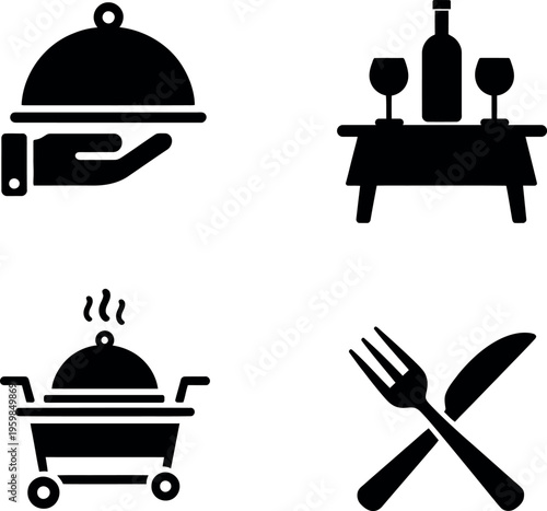 Four icons representing different aspects of dining and food service