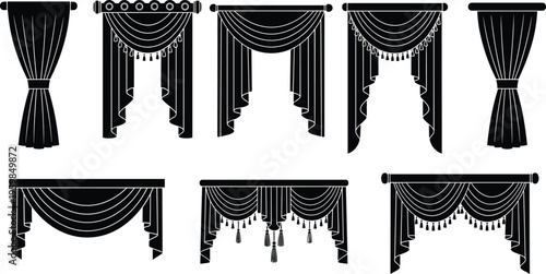 Collection of Luxury Curtain and Window Valance Silhouettes Featuring Elegant Drapes with Tassels and Decorative Pelmets for Interior Design Projects