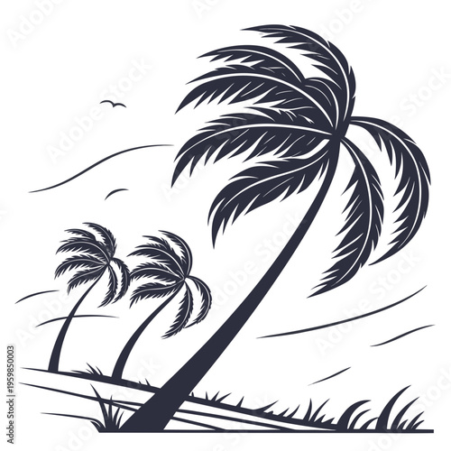 Fotografie Three palm trees on a windy beach tropical black and white