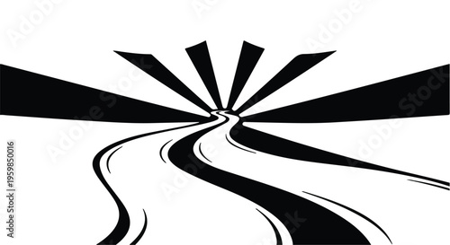 Winding road illustration stretches toward a bright, radiating sunburst symbolizing future opportunity and direction.