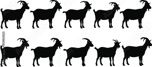 Collection of Ten Goat Silhouettes Featuring Farm Animals with Horns in Various Standing Poses Isolated on White Background for Livestock Design