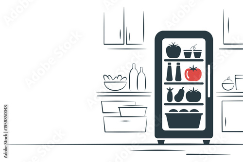 Open Refrigerator Full of Healthy Food in a Kitchen Illustration, healthy lifestyle concept with copy space